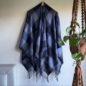 Blue and Gray Plaid Oversized Scarf Poncho with Tassels - Like New Condition